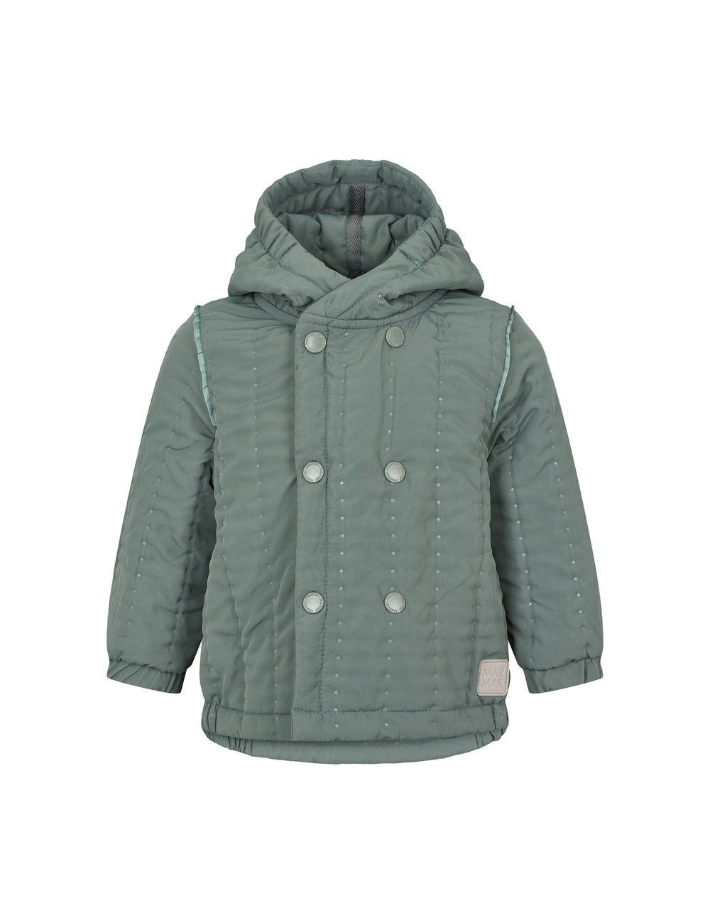støvet grøn termojakke med hætte og dobbeltradet knaplukning