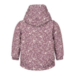 støvlilla termojakke med hvidt bladmønster og hætte