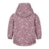 støvlilla termojakke med hvidt bladmønster og hætte