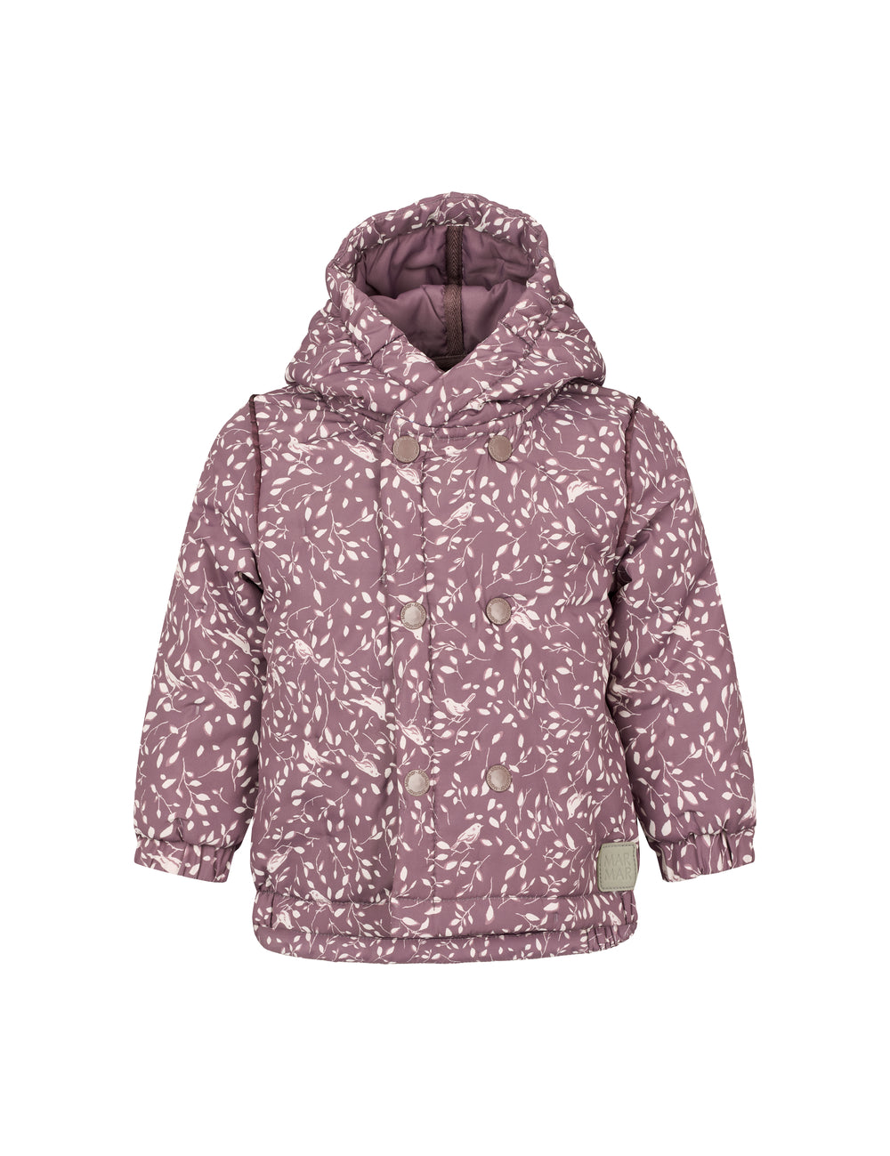 støvlilla termojakke med hvidt bladmønster og hætte