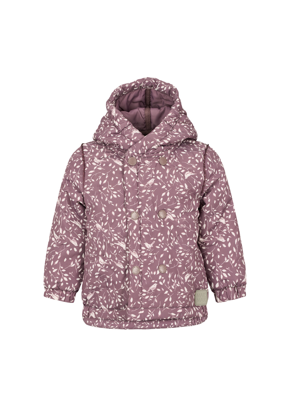 støvlilla termojakke med hvidt bladmønster og hætte