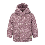 støvlilla termojakke med hvidt bladmønster og hætte