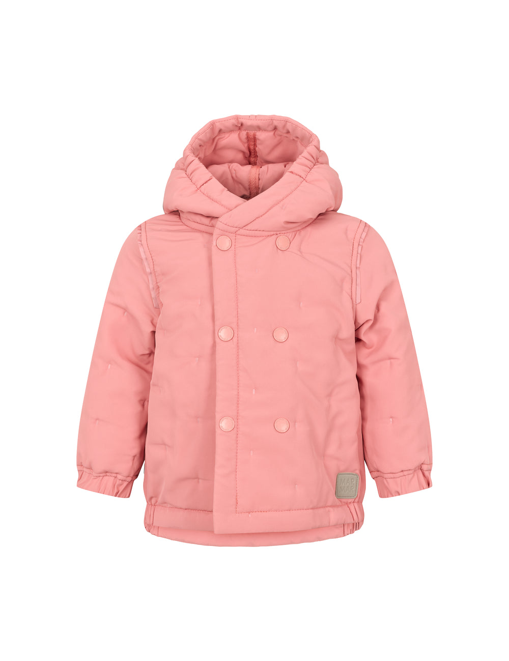 lyserød termojakke med hætte og dobbeltradet lukning