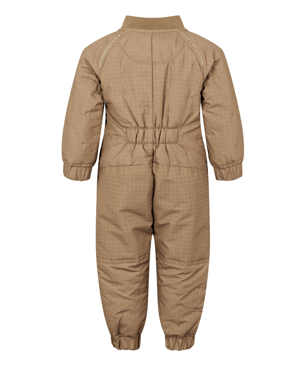 Bagside af brunternet termodragt til baby med elastik i taljen