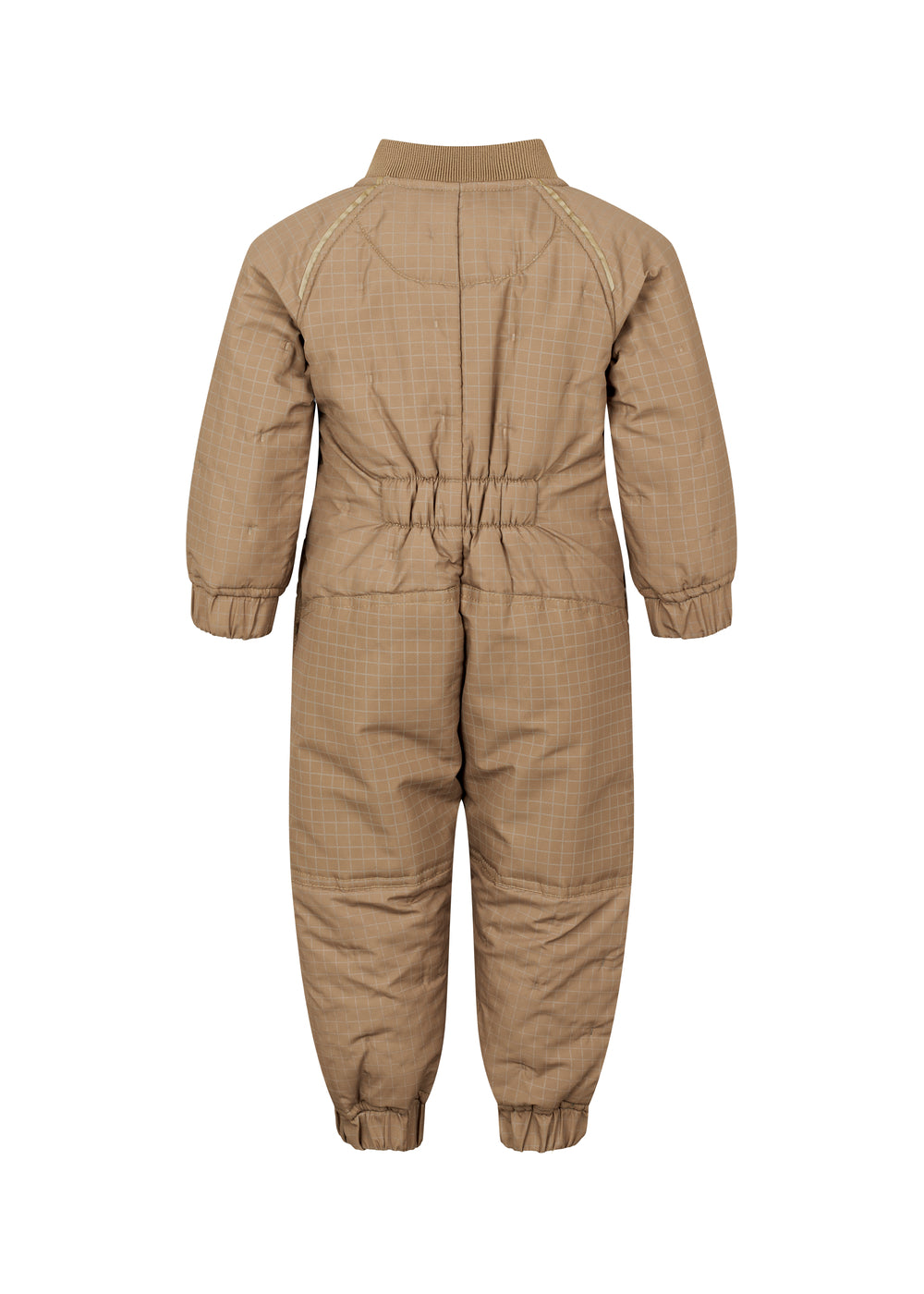 Bagside af brunternet termodragt til baby med elastik i taljen