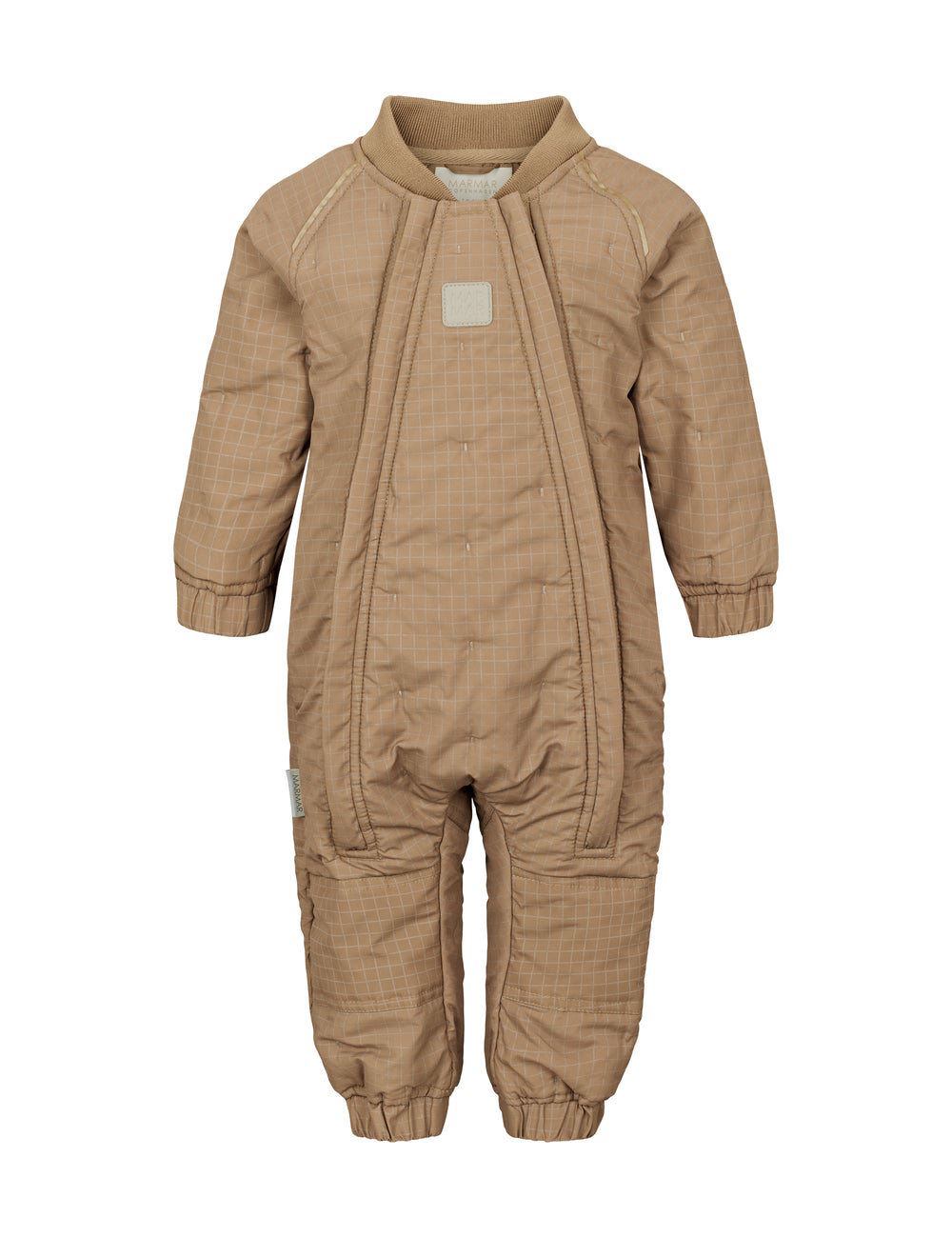 Bagside af brunternet termodragt til baby med elastik i taljen