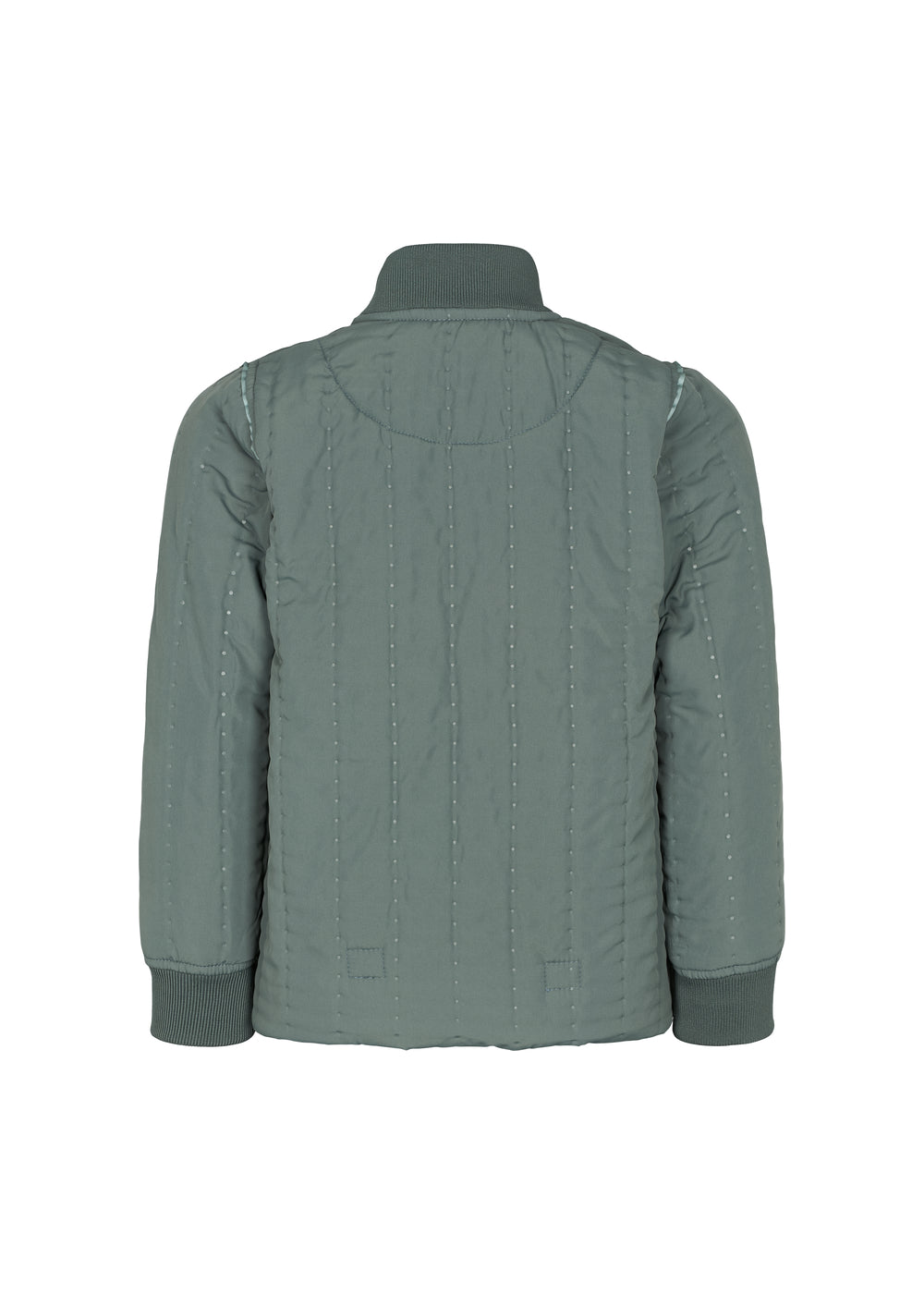 Bagside af støvet grøn termojakke til børn med buet kant