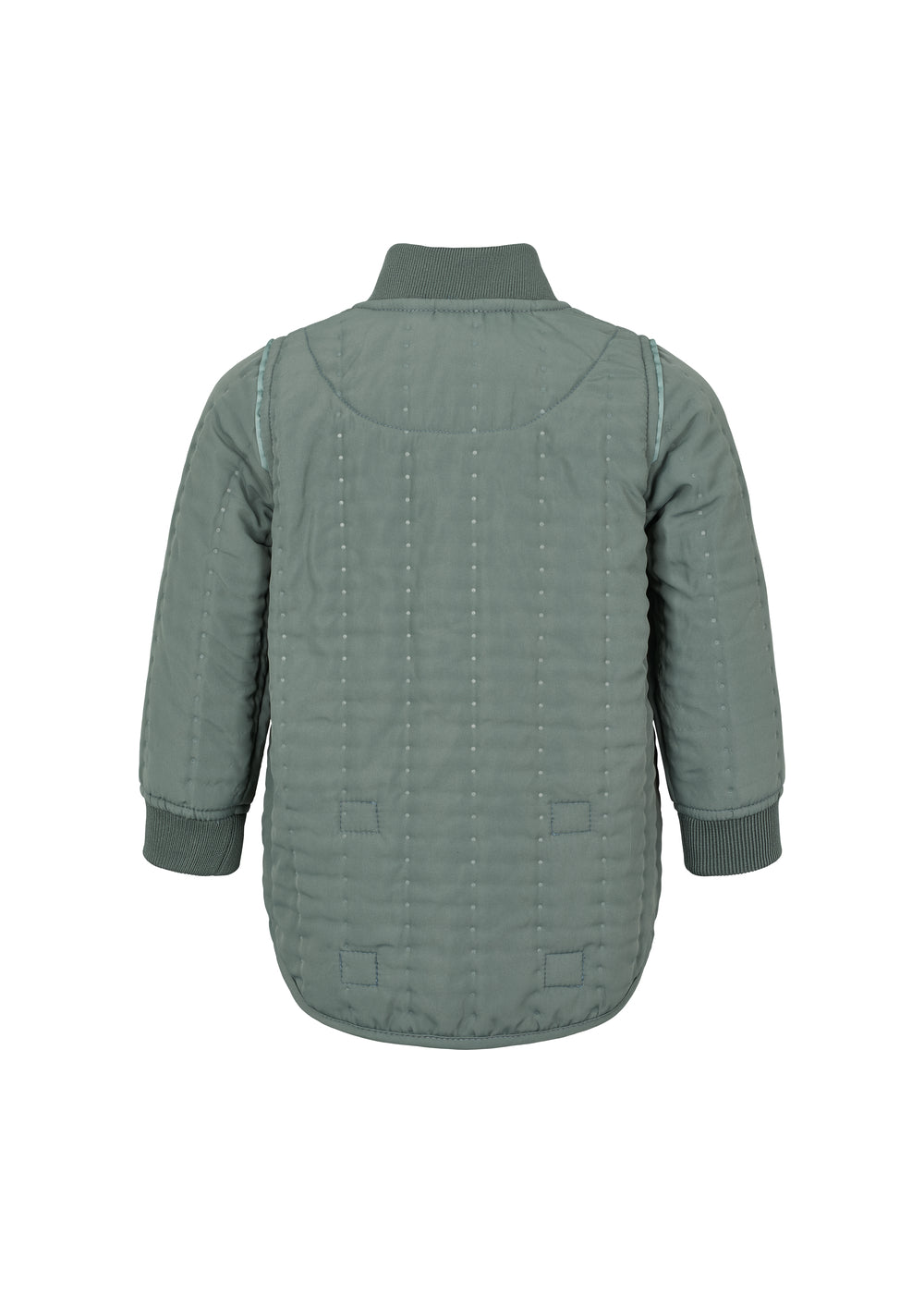 Bagside af støvet grøn termojakke til børn med buet kant