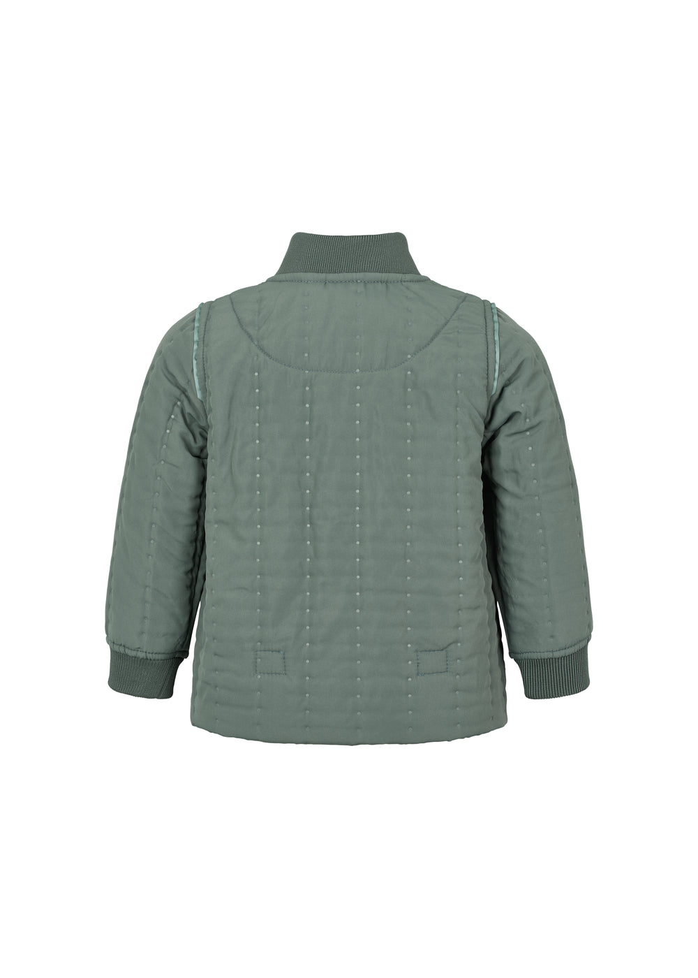 Bagside af støvet grøn termojakke til børn med buet kant