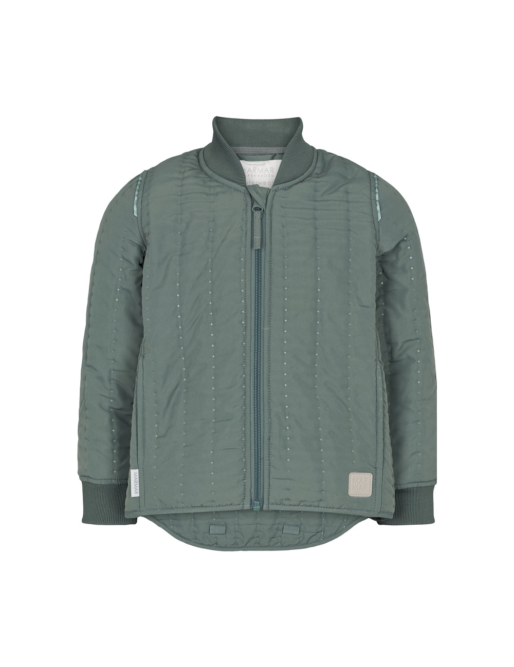 Bagside af støvet grøn termojakke til børn med buet kant