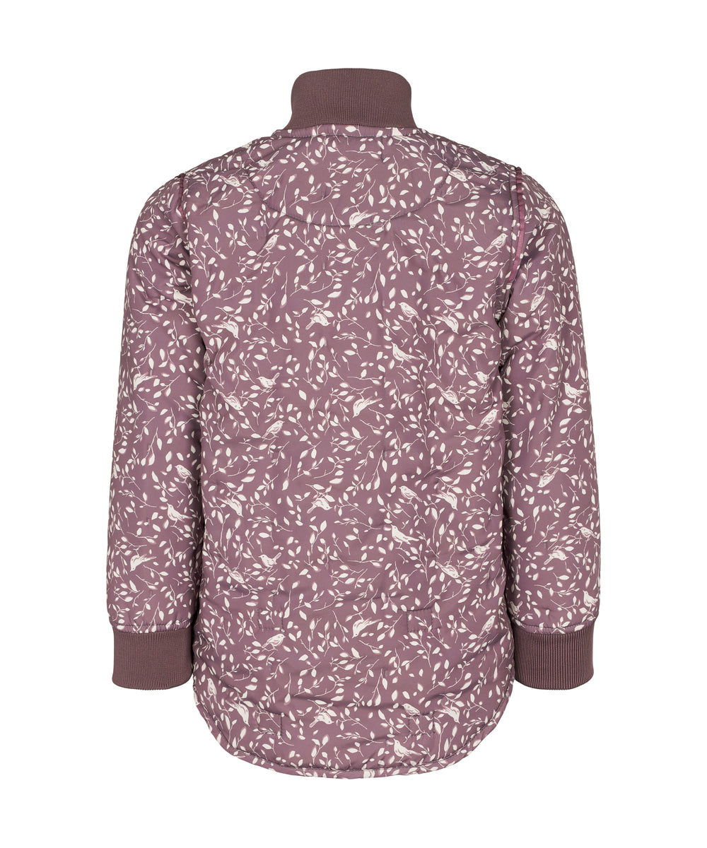 Bagside af støvlilla termojakke til børn med hvidt bladmønster og buet kant