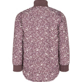 Bagside af støvlilla termojakke til børn med hvidt bladmønster og buet kant