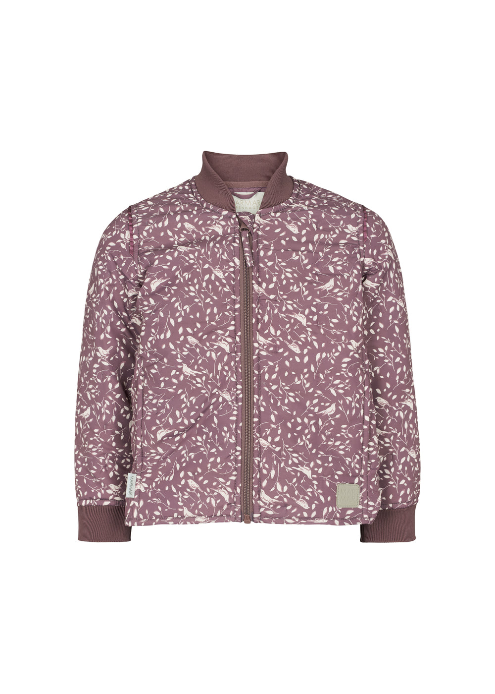 støvlilla termojakke til børn med ribmanchetter lynlås og print