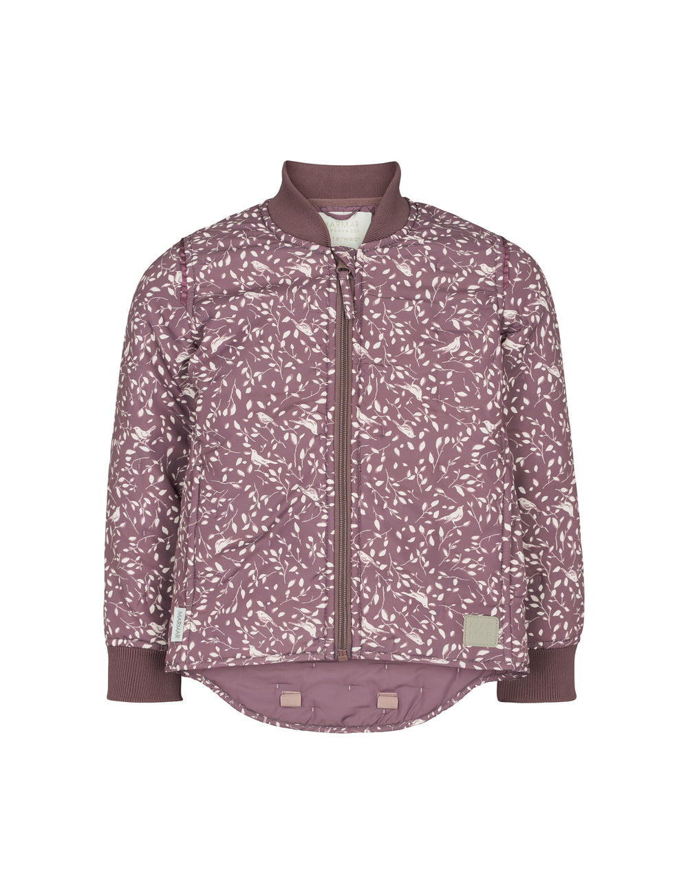 støvlilla termojakke til børn med ribmanchetter lynlås og print