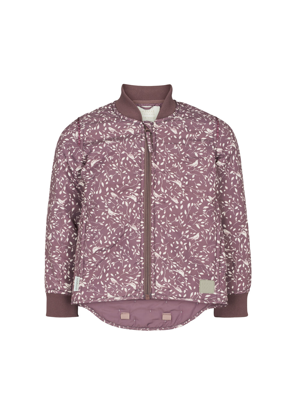 støvlilla termojakke til børn med hvidt bladmønster og ribmanchetter