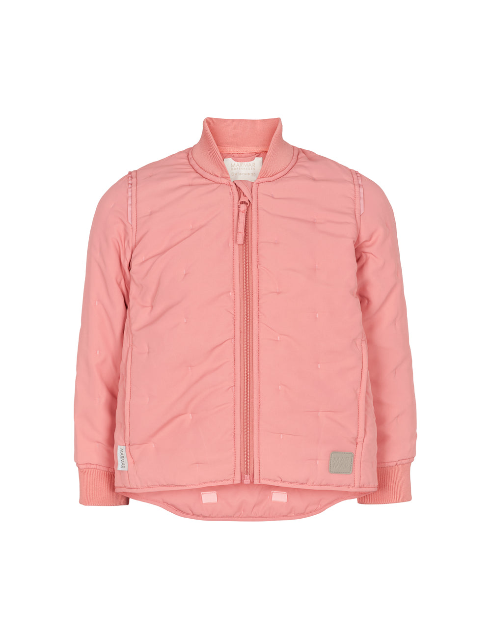 lyserød børnepuljakke med buet kant og refleksmærke