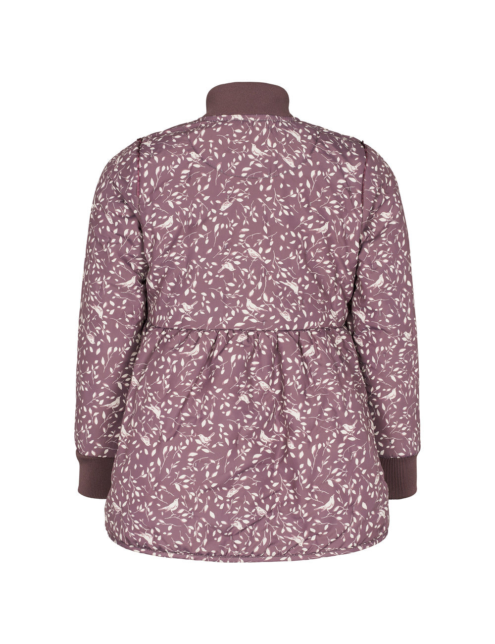 Bagside af støvlilla termojakke med bladmønster og rynk i taljen