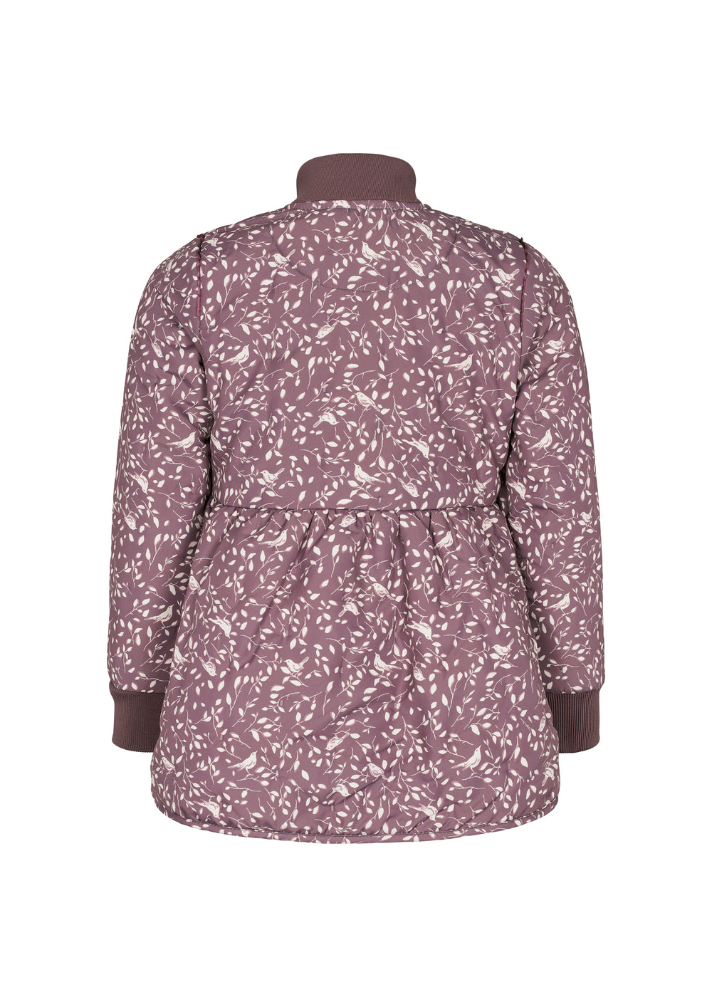 Bagside af støvlilla termojakke med bladmønster og rynk i taljen