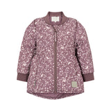 støvlilla termojakke med hvidt bladmønster og rundet kant