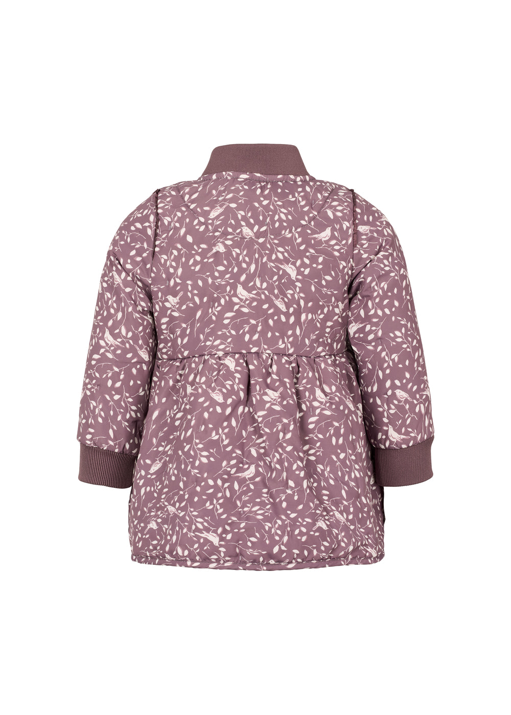 Bagside af støvlilla termojakke med bladmønster og rynk i taljen