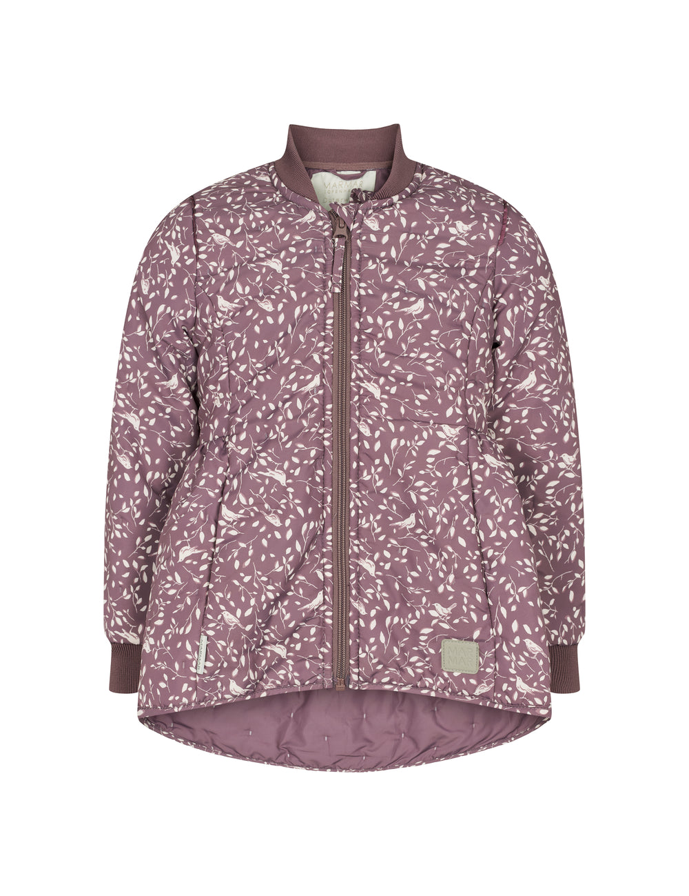 støvlilla termojakke med hvidt bladmønster og rundet kant