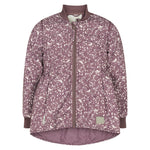 støvlilla termojakke med hvidt bladmønster og rundet kant