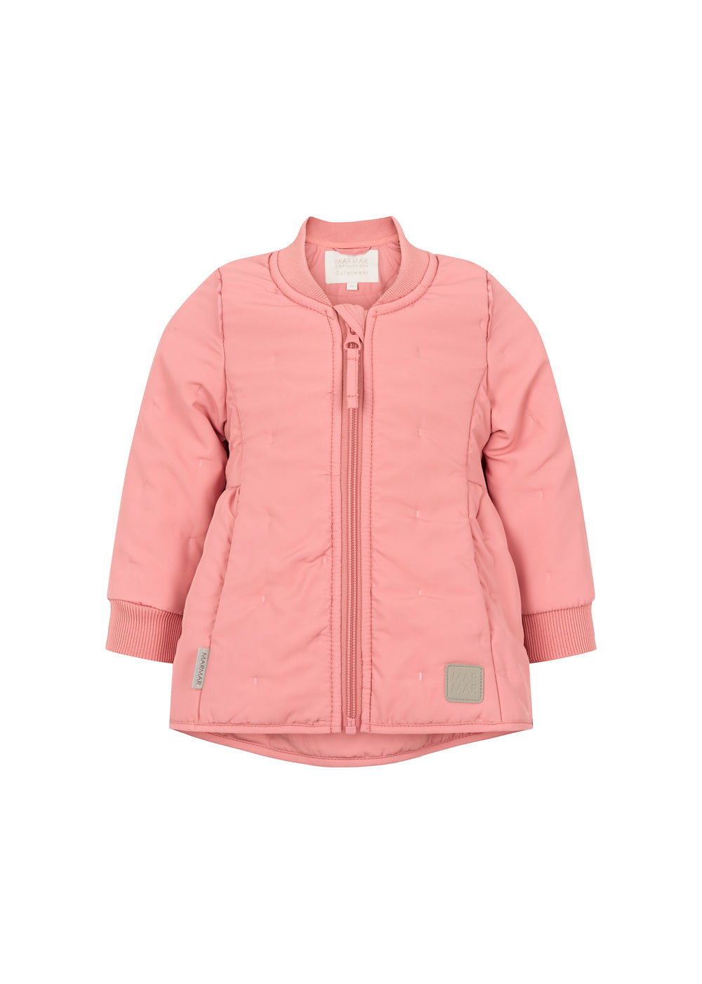 lyserød termojakke med lynlås og rundet kant bagpå