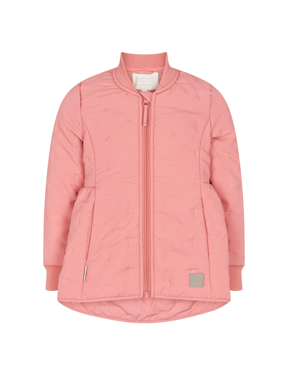 lyserød termojakke med lynlås og rundet kant bagpå