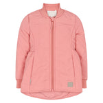 lyserød termojakke med lynlås og rundet kant bagpå