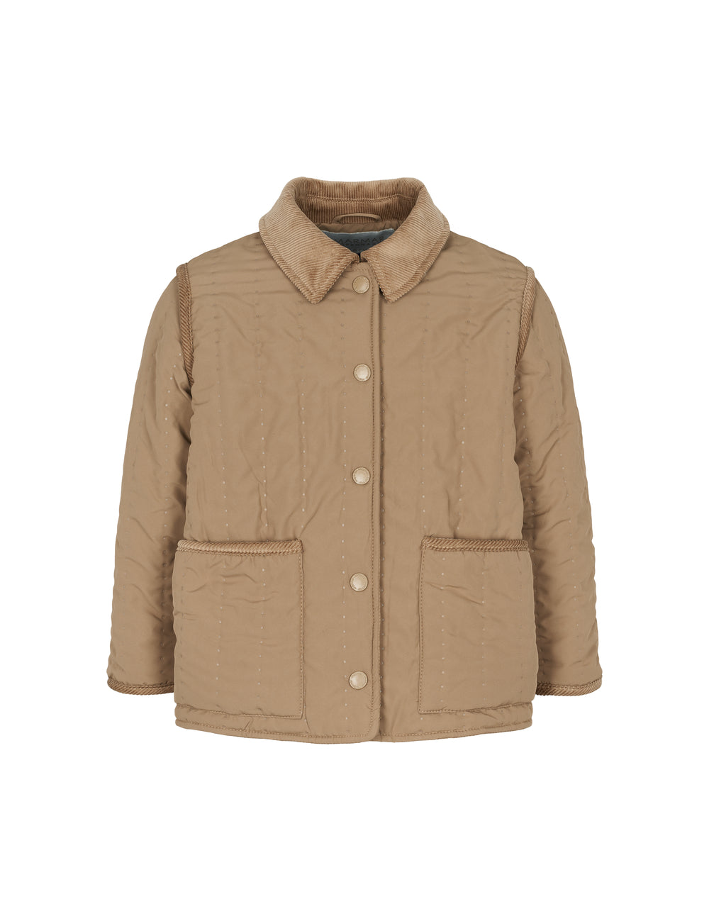 Bagside af brun quiltet termo jakke med krave og lige snit