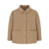 brun quiltet termojakke med krave og trykknapper