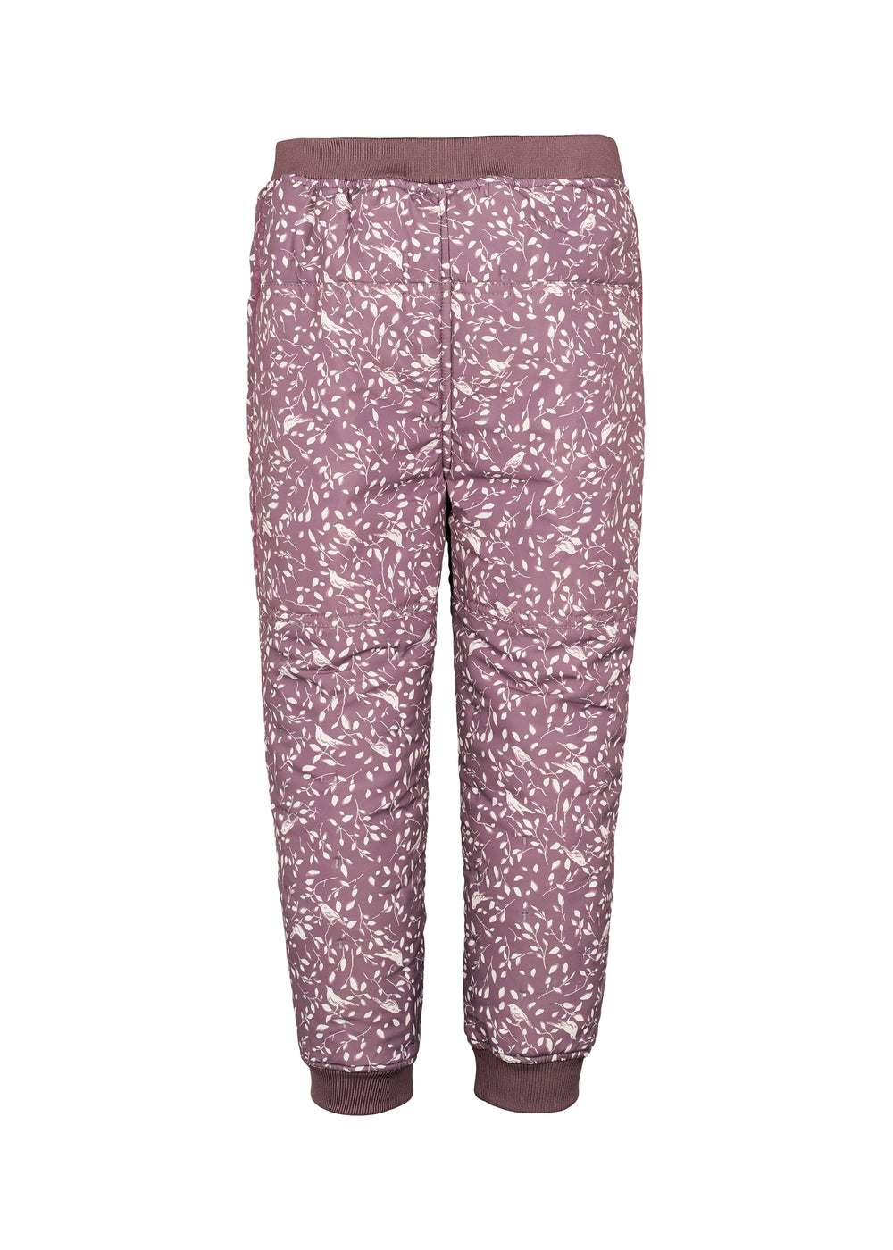støvlilla termobukser med hvidt bladmønster og ribkant