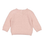 lyserød, strikket babytrøje med rund hals og hulmønster