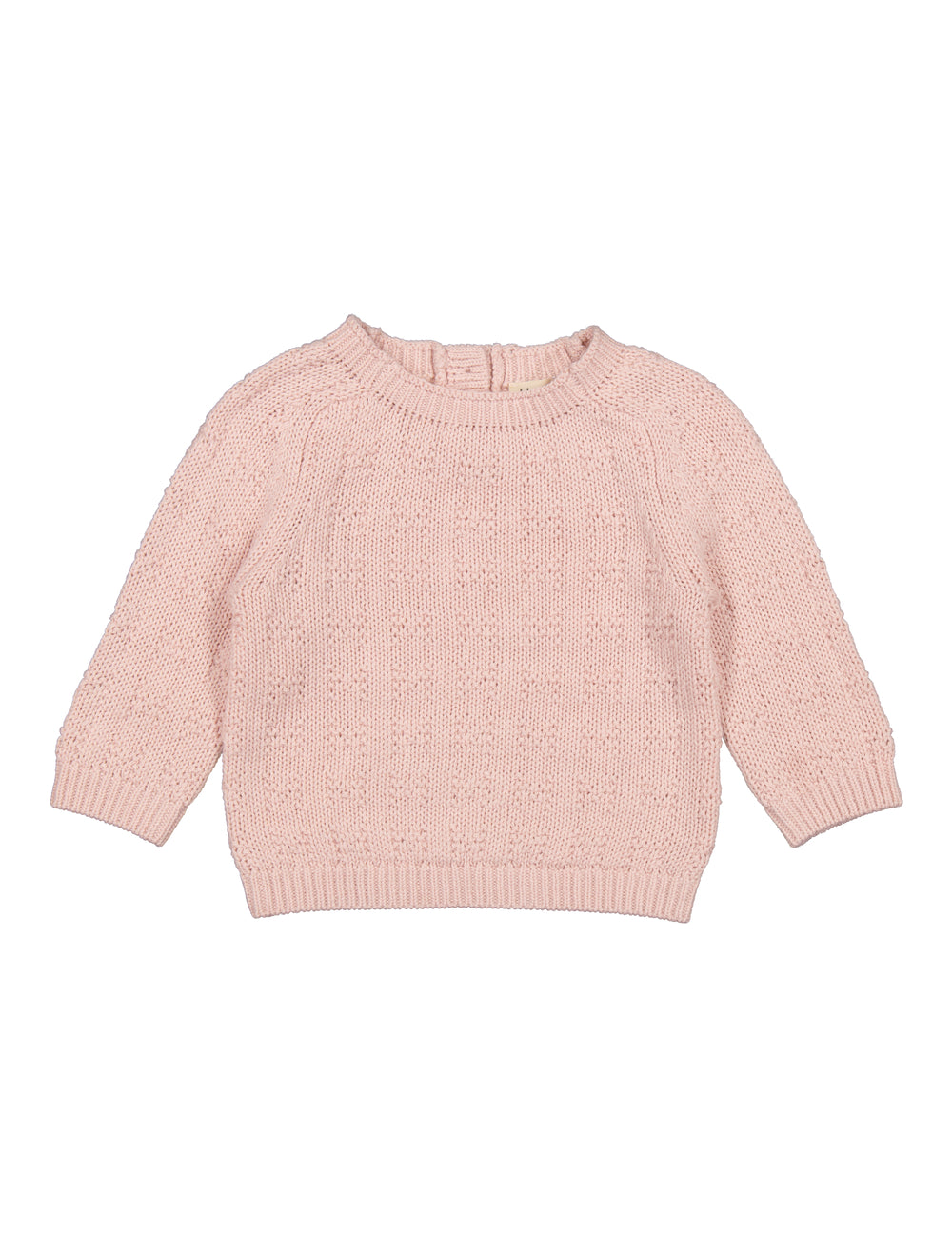 lyserød, strikket babytrøje med rund hals og hulmønster