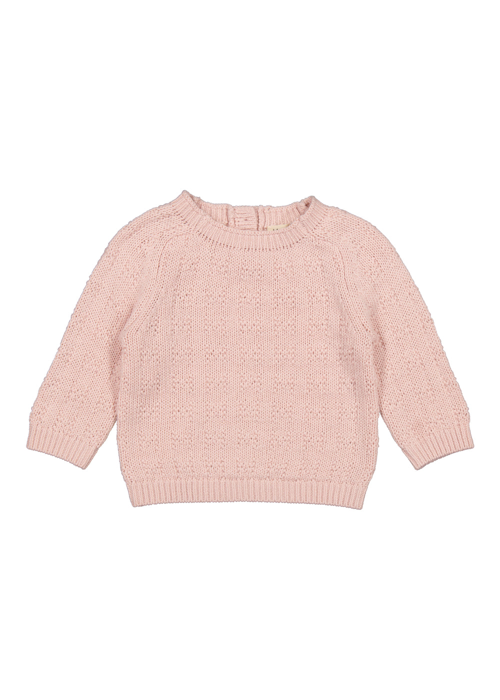 lyserød, strikket babytrøje med rund hals og hulmønster