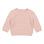 lyserød, strikket babytrøje med rund hals og hulmønster