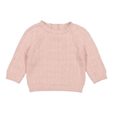 lyserød, strikket babytrøje med rund hals og hulmønster