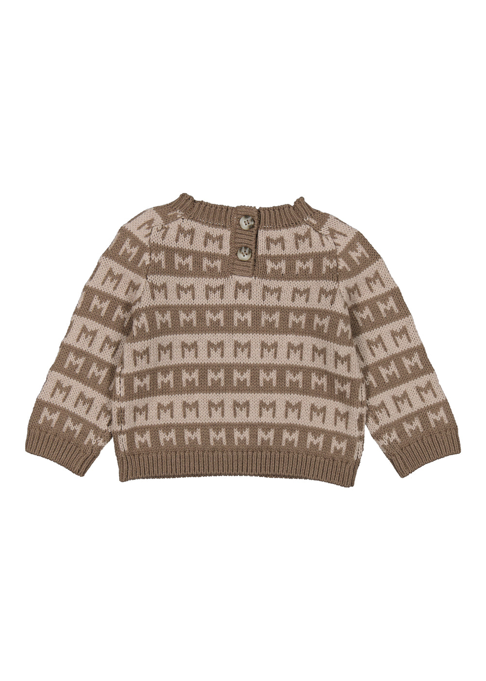 brun babystrik med M-mønster og rund hals