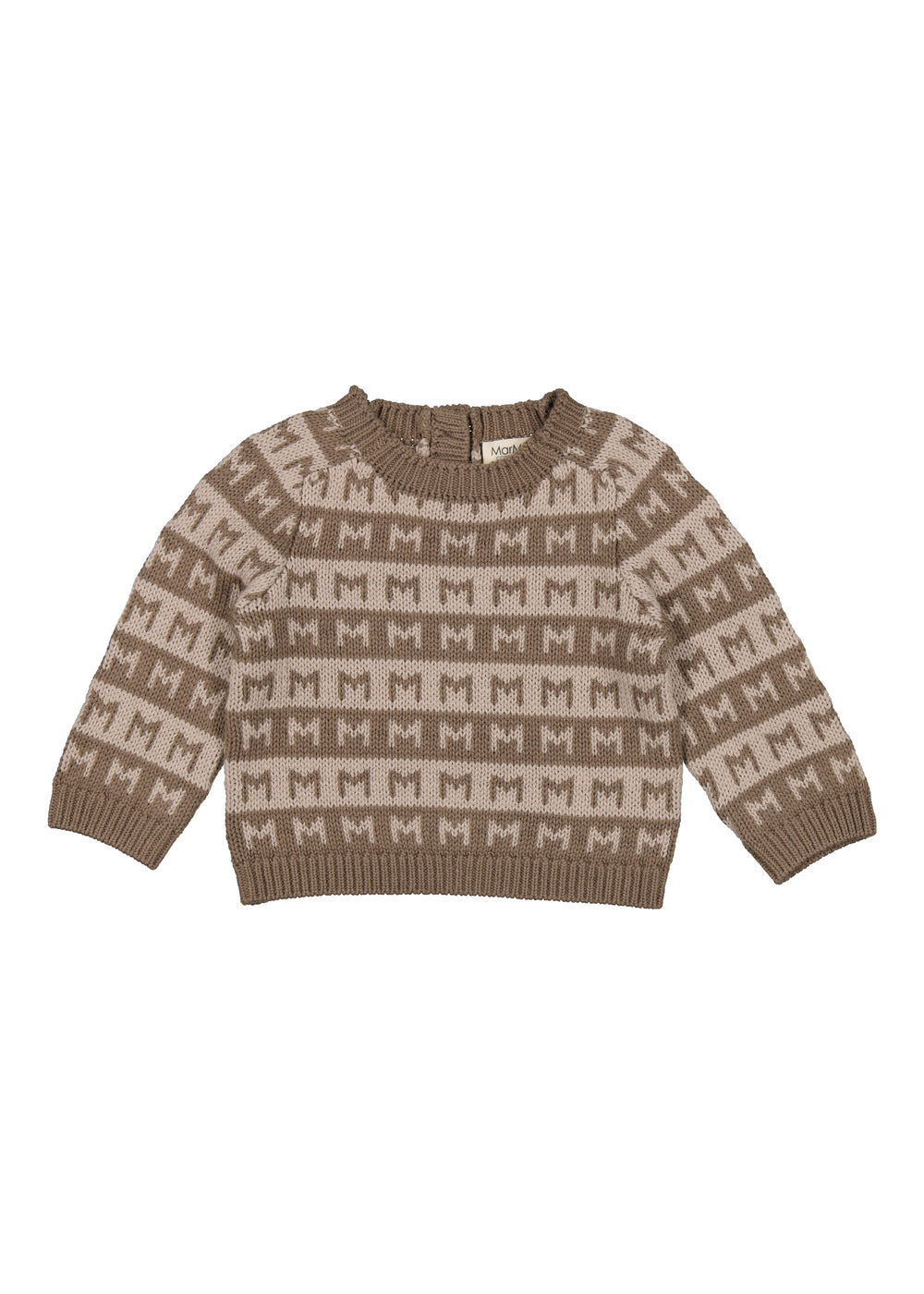 brun babystrik med M-mønster og rund hals