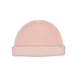 lyserød, strikket børnehue med opsmøg