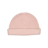 lyserød, strikket børnehue med opsmøg