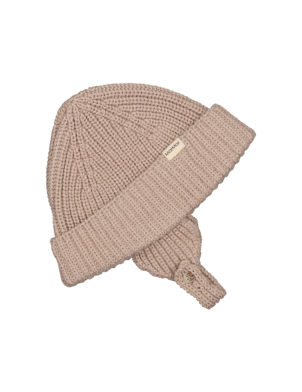 beige, strikket babyhue med opsmøm og hagerem