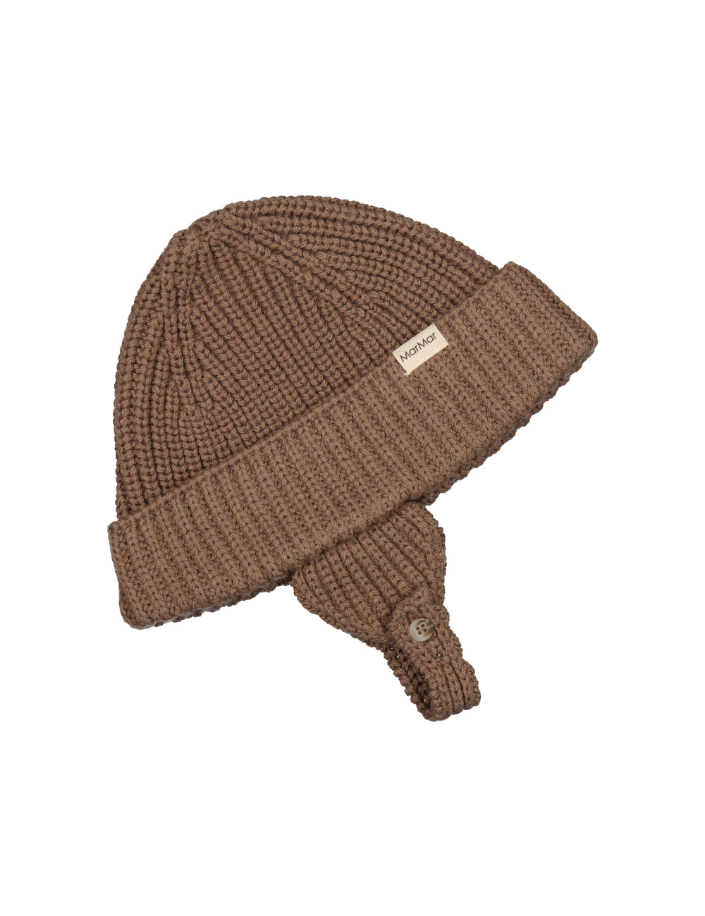 Brun strikket babyhue med opsmøg og hagerem