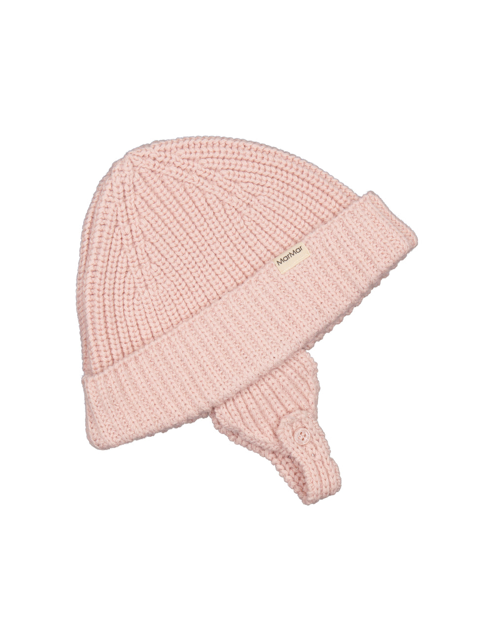 lyserød, strikket babyhue med opsmøg og hagerem