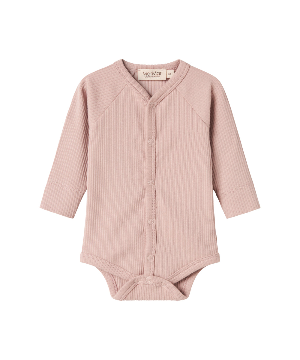 Lyserød ribstrikket babybody med knapper foran