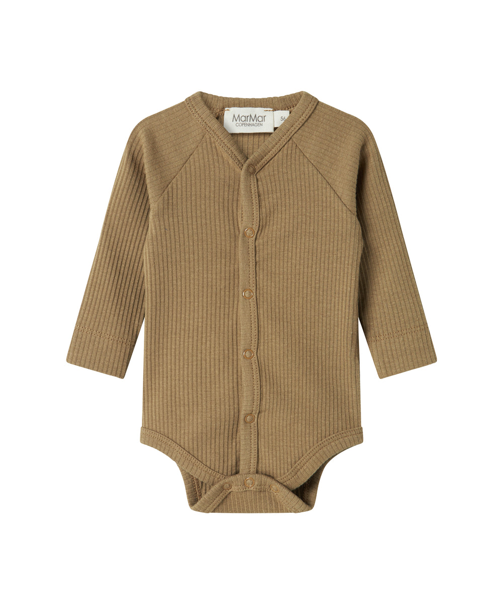 Brun ribstrikket babybody med knapper foran