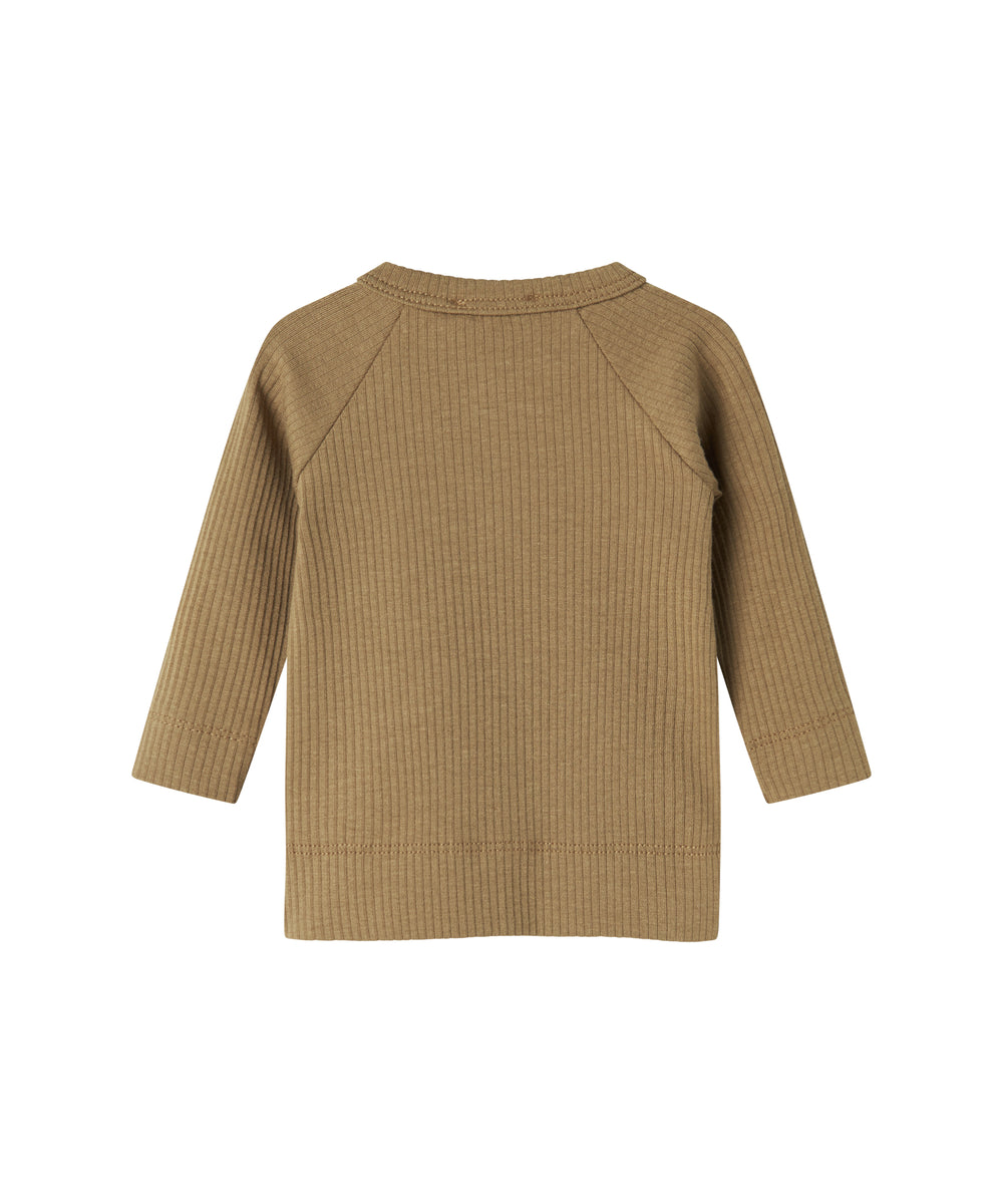 Brun ribstrikket cardigan til børn med knapper foran