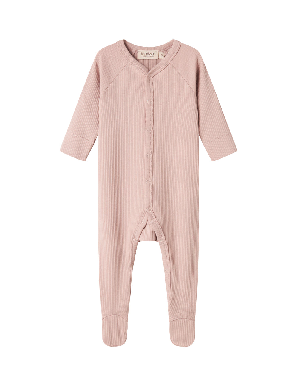 ribbstrikket lyserød heldragt til baby i blødt materiale med lange ærmer, lange ben, tryknapper og futter