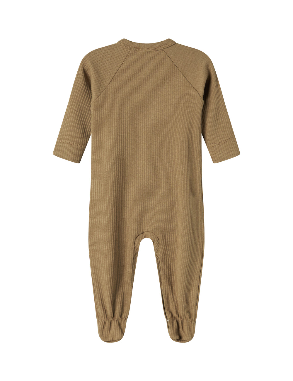 Ribbstrikket brun heldragt til baby i blødt materiale med lange ærmer, lange ben, tryknapper og futter