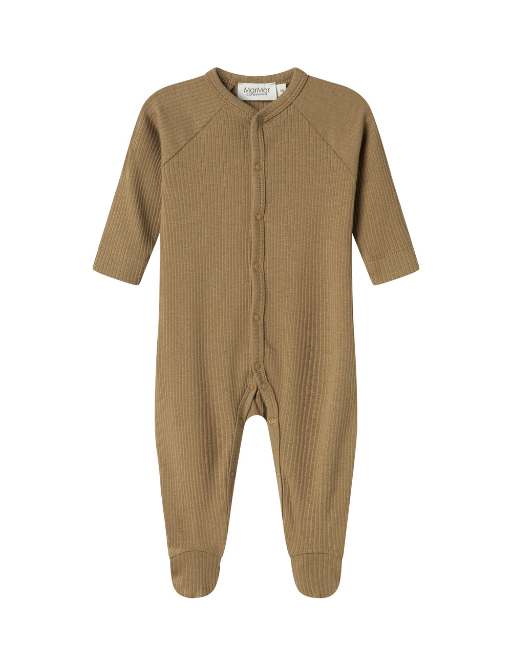 Ribbstrikket brun holdragt til baby i blødt materiale med lange ærmer, lange ben, tryknapper og futter